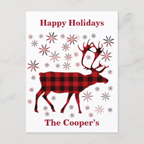 Christmas Moose deer elk caribou red plaids  Postcard