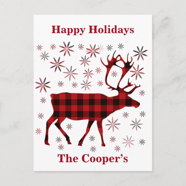 Christmas Moose, deer, elk, caribou, red plaids  Postcard (Front)