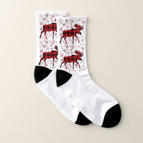 Christmas Moose deer elk caribou red plaids  Socks
