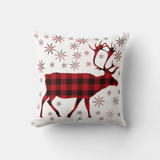 Christmas Moose, deer, elk, caribou, red plaids  Throw Pillow (Front)