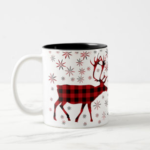 Christmas Moose, deer, elk, caribou, red plaids Two-Tone Coffee Mug