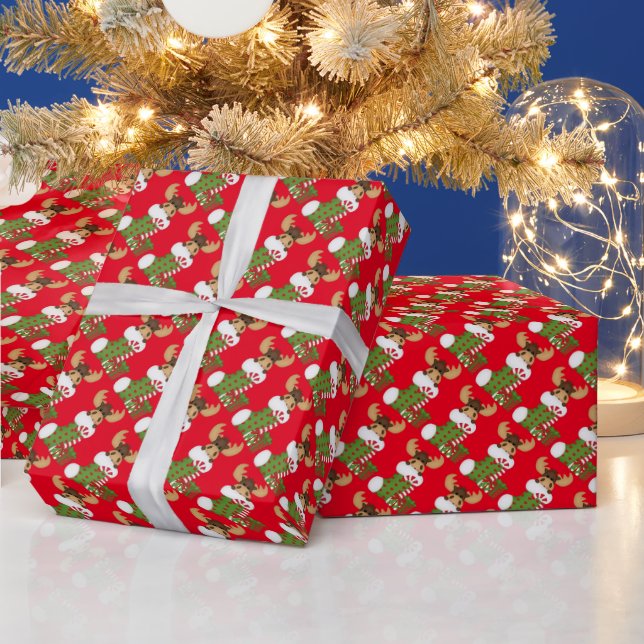 Christmas Moose Holiday cartoon wrapping paper (Holidays)