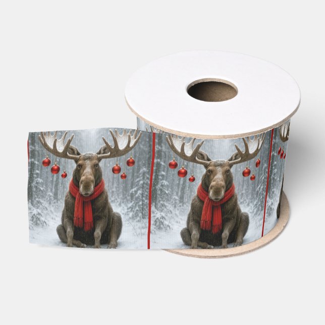 Christmas Moose In a Snowy Forest Grosgrain Ribbon (Spool)