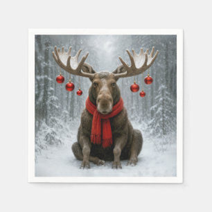 Christmas Moose In a Snowy Forest Napkins