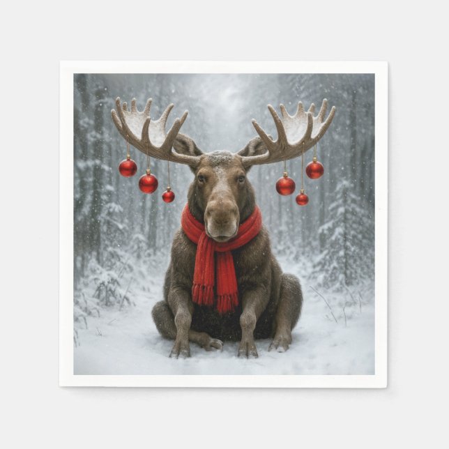 Christmas Moose In a Snowy Forest Napkins (Front)