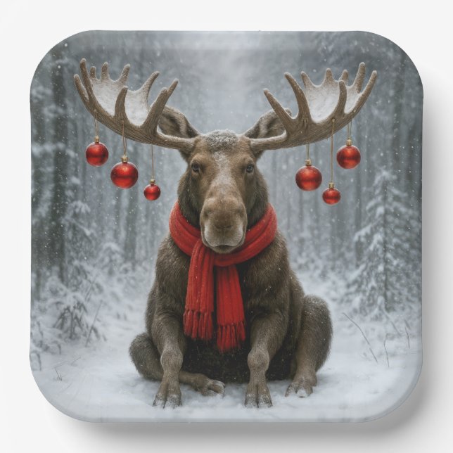 Christmas Moose In a Snowy Forest Paper Plates (Front)