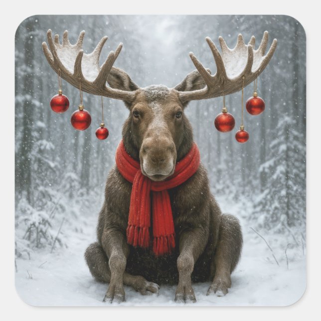 Christmas Moose In a Snowy Forest Square Sticker (Front)