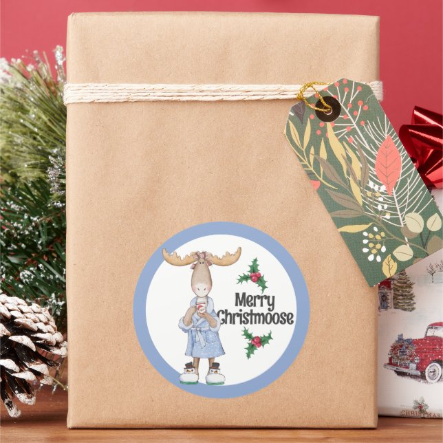 Christmas Moose in Pajamas with Cocoa  Classic Round Sticker (Holiday)