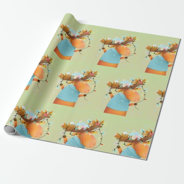 Christmas Moose Lights Funny Humor Animal Art Wrapping Paper (Unrolled)
