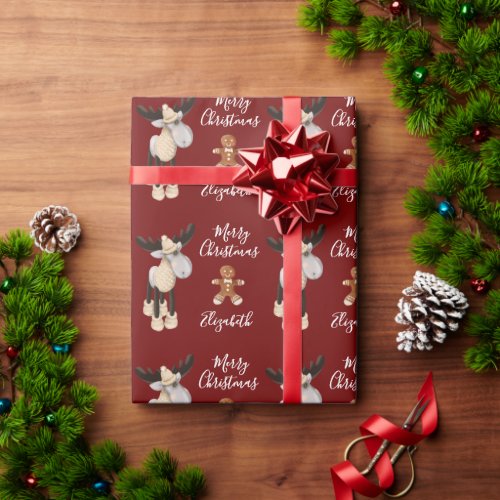 Christmas Moose Merry Christmas Personalized Red Wrapping Paper