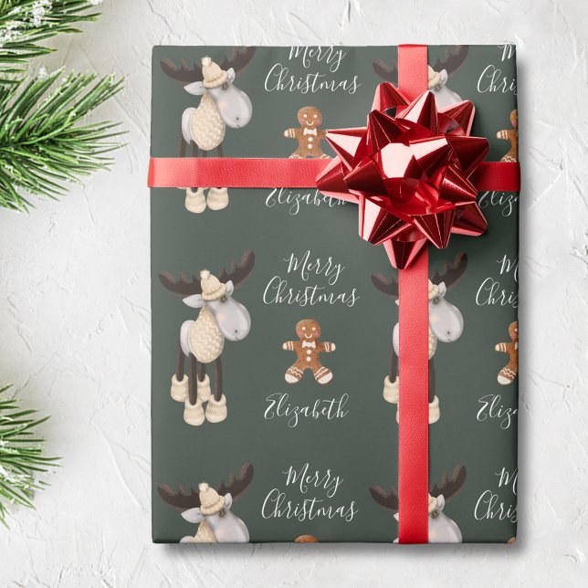 Christmas Moose Merry Christmas Personalized Wrapping Paper (Creator Uploaded)