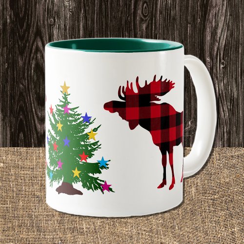 Christmas Moose Red  Black Buffalo Plaid Tree Two_Tone Coffee Mug