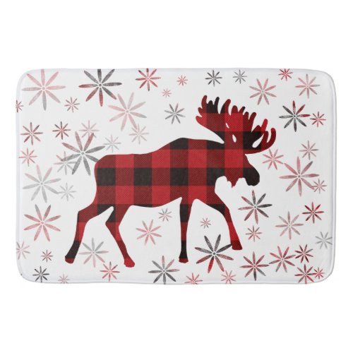 Christmas Moose red plaids snowflakes Bath Mat