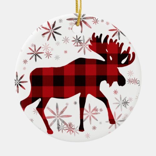 Christmas Moose red plaids snowflakes Ceramic Ornament