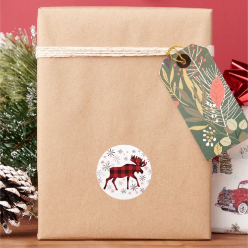 Christmas Moose red plaids snowflakes Classic Round Sticker