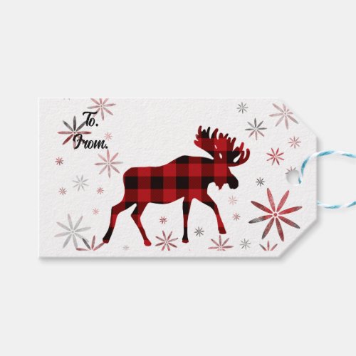 Christmas Moose red plaids snowflakes Gift Tags