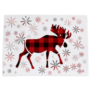 Christmas Moose red plaids snowflakes Large Gift Bag