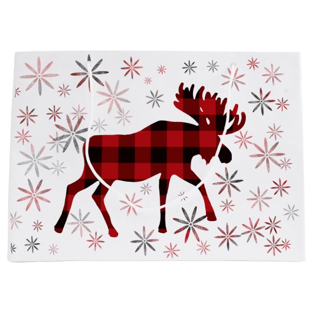 Christmas Moose red plaids snowflakes Large Gift Bag (Front)