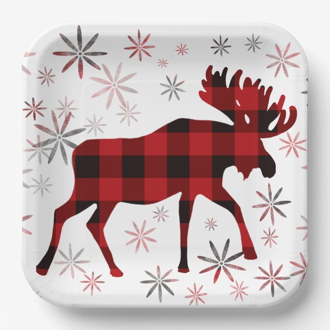 Christmas Moose red plaids snowflakes Paper Plates (Front)