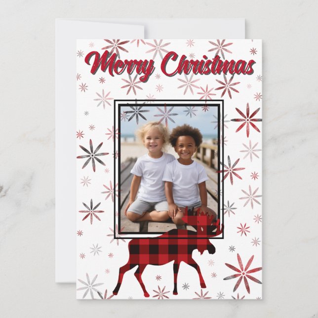 Christmas Moose red plaids snowflakes personalized Holiday Card (Front)
