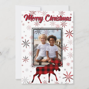 Christmas Moose red plaids snowflakes personalized Holiday Card