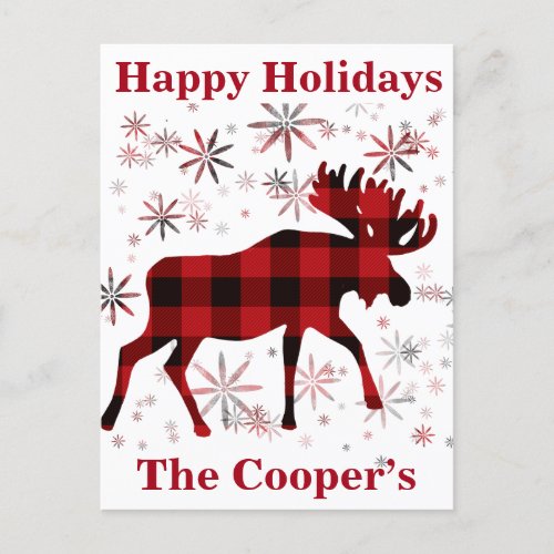 Christmas Moose red plaids snowflakes Postcard