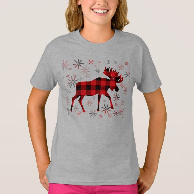 Christmas Moose red plaids snowflakes T-Shirt (Front)