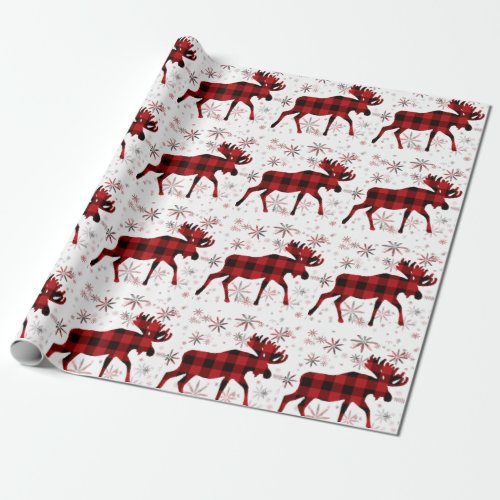 Christmas Moose red plaids snowflakes Wrapping Paper
