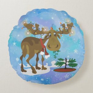 Christmas Moose Round Pillow