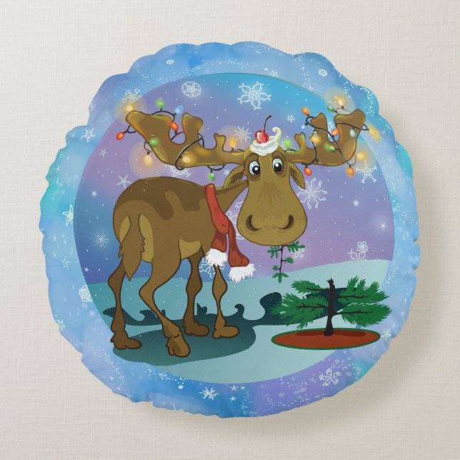 Christmas Moose Round Pillow (Front)