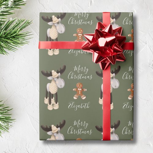 Christmas Moose Sage Green Personalized Wrapping Paper