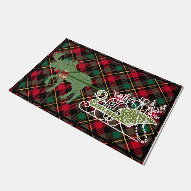 Christmas Moose Topiary Sleigh Doormat Welcome Mat (Angled)