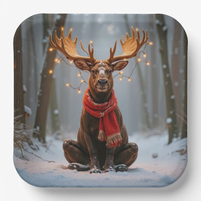 Christmas Moose Wearing Scarf and Lights Paper Plates (Front)