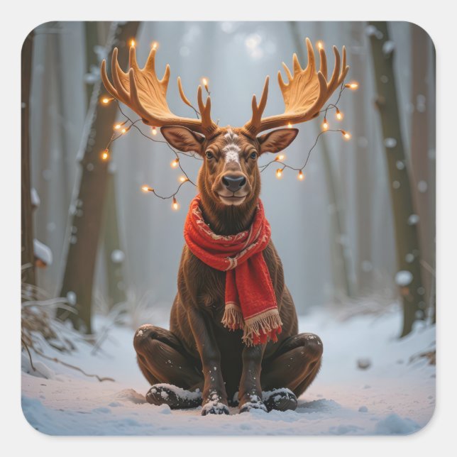 Christmas Moose Wearing Scarf and Lights Square Sticker (Front)