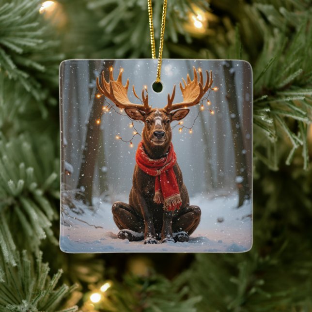 Christmas Moose With Holiday Lights Ceramic Ornament (Tree)