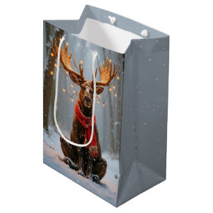 Christmas Moose With Holiday Lights Medium Gift Bag