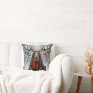 Christmas Moose With Holiday Ornaments Throw Pillow