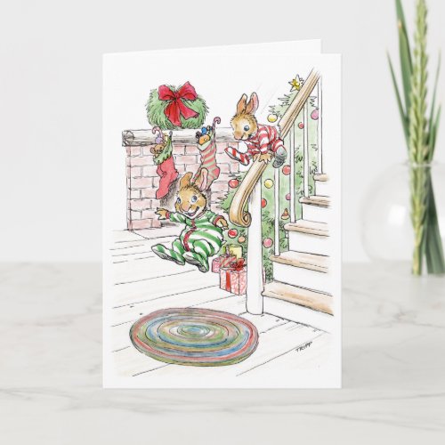 Christmas morning bunnies slide down the banister card