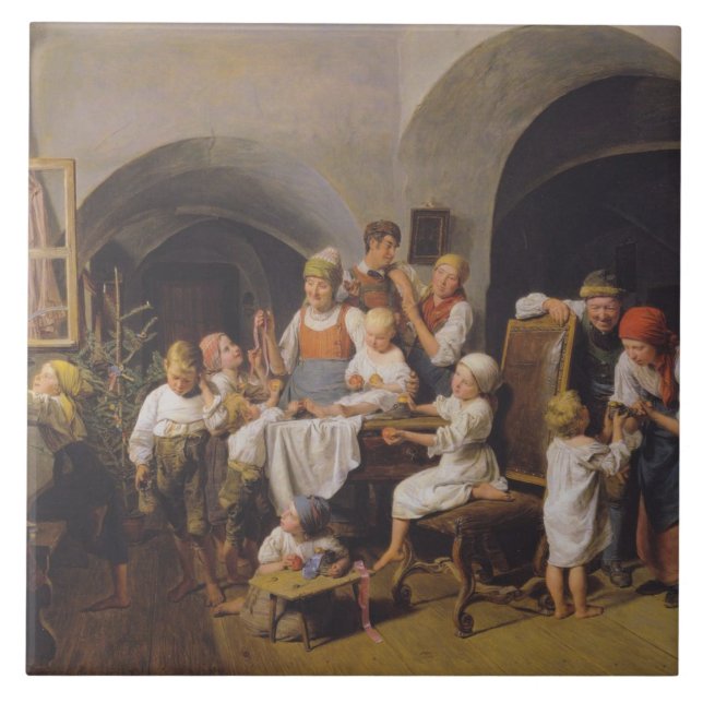 Christmas Morning (by Ferdinand Georg Waldmüller) Ceramic Tile (Front)