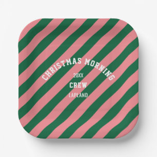 Christmas Morning Crew Green Pink Candy Stripes Paper Plates