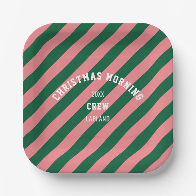 Christmas Morning Crew Green Pink Candy Stripes Paper Plates (Front)