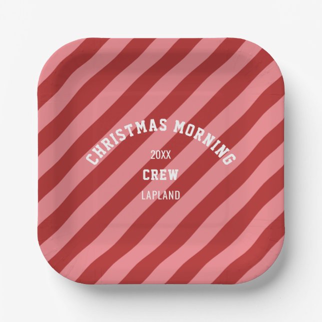 Christmas Morning Crew Red Pink Candy Stripes Paper Plates (Front)