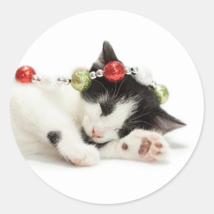 Christmas Morning Kitten Classic Round Sticker