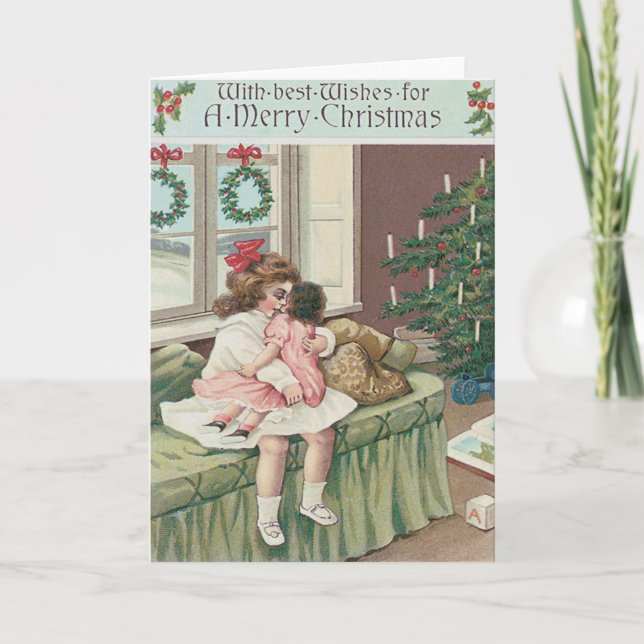 Christmas Morning Tree Present Girl Doll Holiday Card (Front)