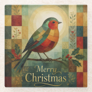 Christmas Mosaic Robin Bird Holly Berry  Glass Coaster