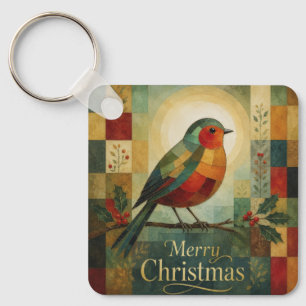 Christmas Mosaic Robin Bird Holly Berry Keychain