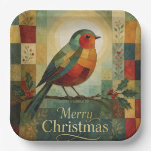 Christmas Mosaic Robin Bird Holly Berry Paper Plates