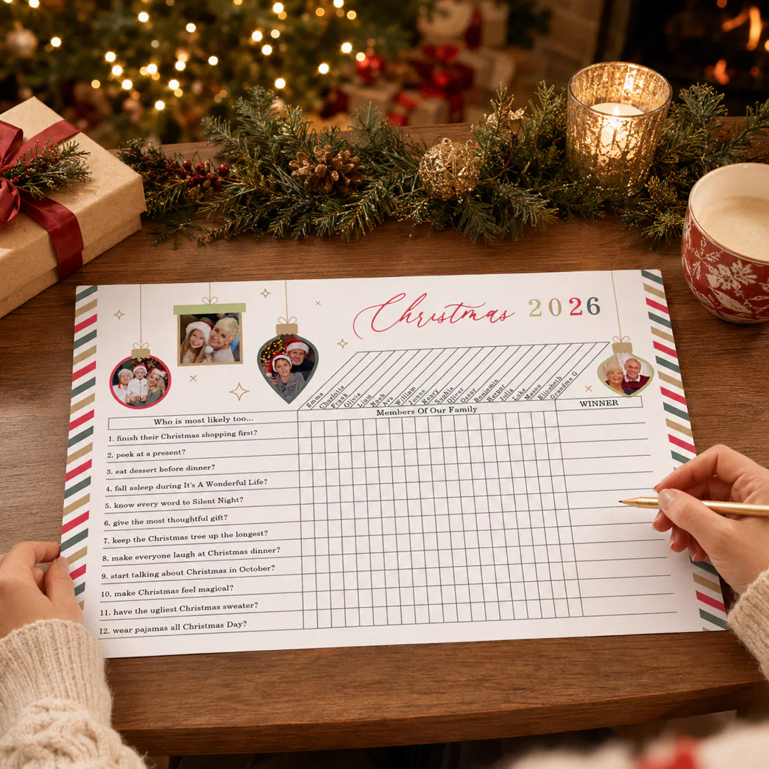 A Christmas party game poster with a voting grid, ornament-shaped family photos, and candy-striped borders on a wooden table, with hands holding a gold pen over it and a pine garland, mercury glass candle, wrapped gift, and glowing Christmas tree behind.