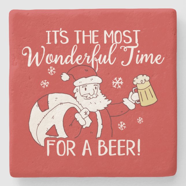 Christmas Most Wonderful Time for a Beer Santa Stone Coaster (Front)