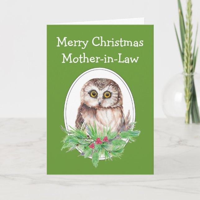 Christmas Mother-in-Law Cute Owl Bird Holly PIne Holiday Card (Front)